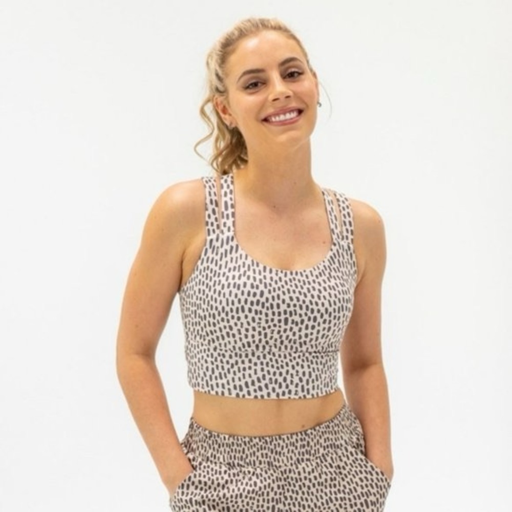 Senita Sierra Sports Bra in Tan and Grey Lucky Spots